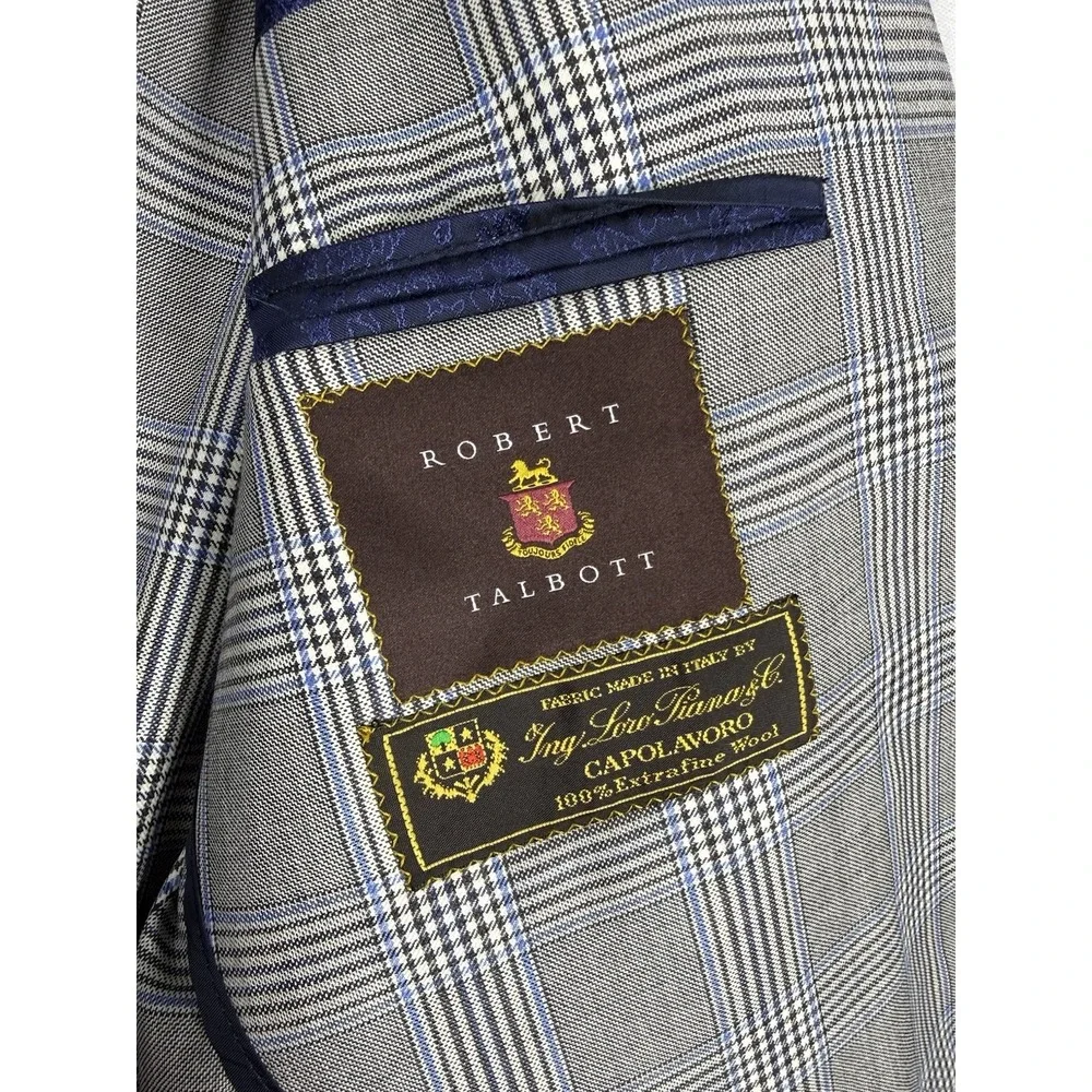EUC Robert Talbott Loro Piana Wool Blazer Men's 40R Gray Blue Plaid Sport Coat